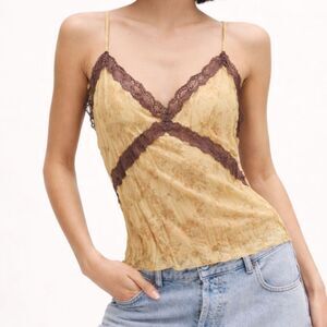 Topshop Y2K Yellow Floral Lace Trim Cami Tank Top Size Small